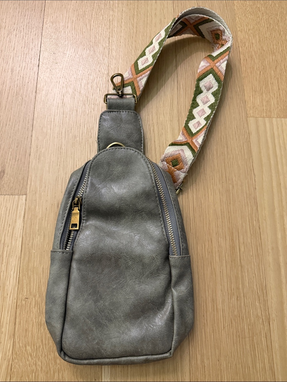 Gray Leather Crossbody Sling Bag with Patterned Strap